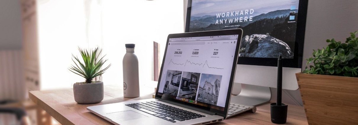 Ausgezeichnet.org: 5 Tipps, um das Homeoffice zu meistern, das Bild zeigt einen Schreibtisch mit zwei Pflanzen einer Trinkflasche, einem Laptop und einem Desktop, auf dem Desktop steht "Work hard anywhere"