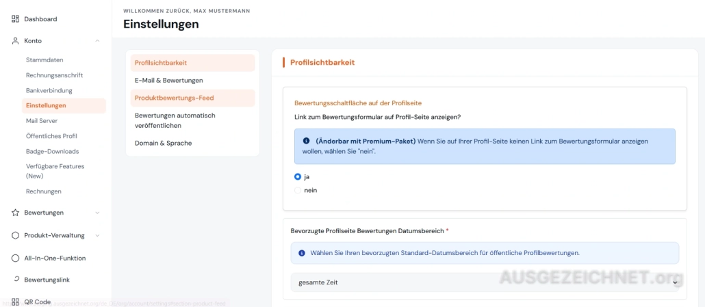 Einstellungen Profilseite