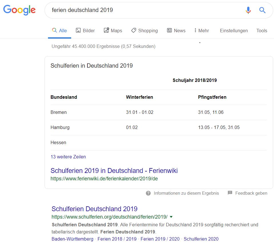 Google Suchergebnisse zu ferien deutschland 2019 für Tabellen Snippets