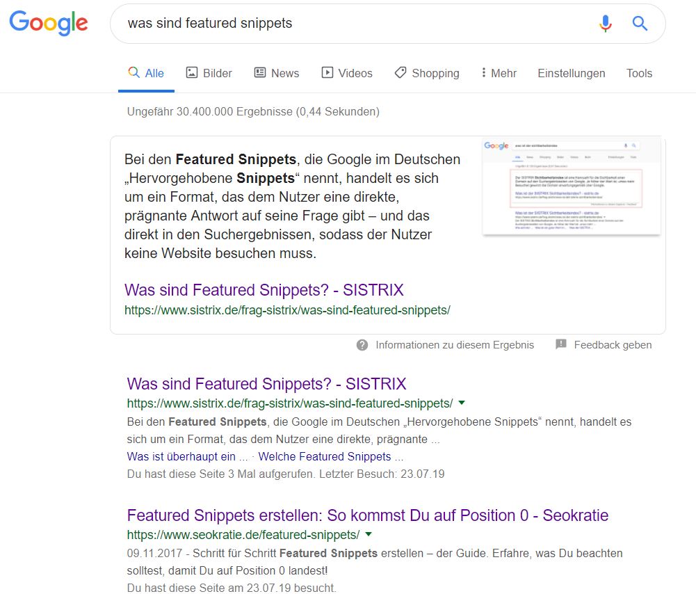 Screenshot der Suchergebnisse zu featured snippets in Google