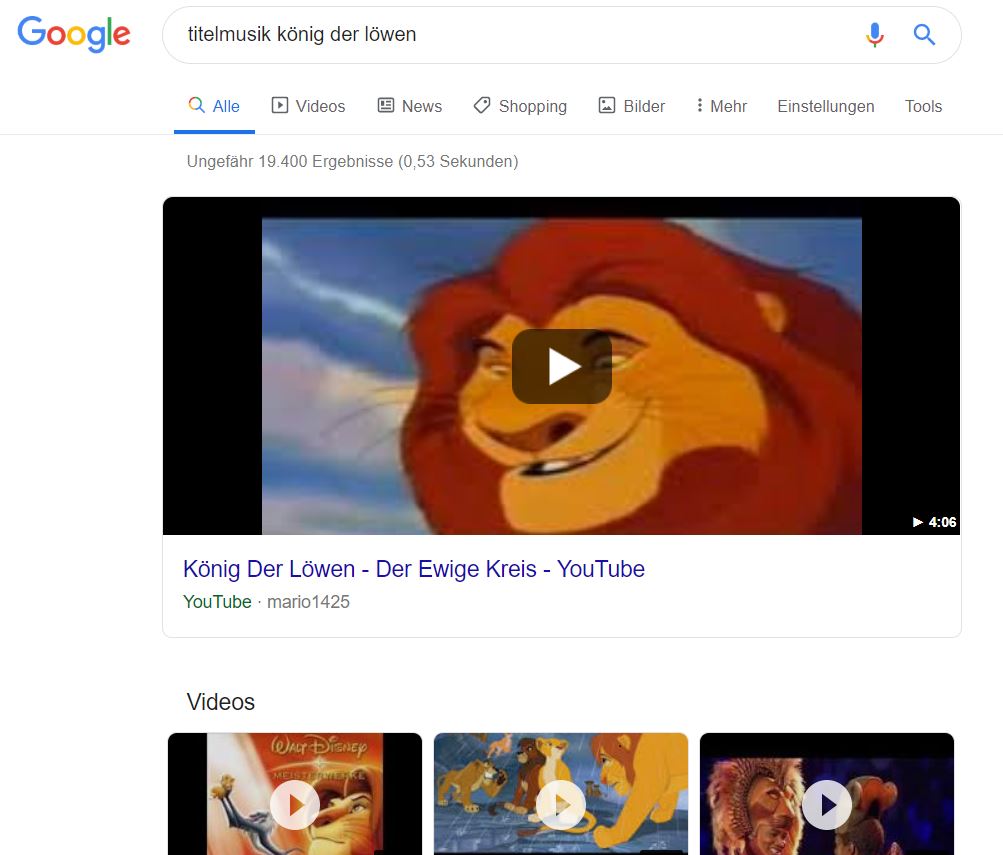 Google Suche zu Titelmusik von König der Löwen für Video Snippets
