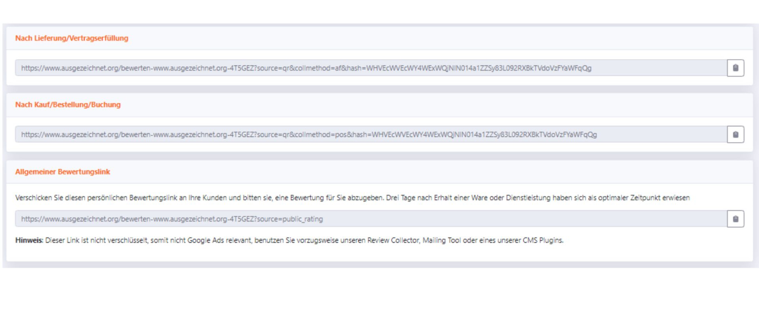 Bewertungslinks im Kundenkonto