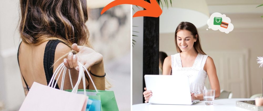 Ausgezeichnet.org erläutert das veränderte Kaufverhalten der Konsumenten und klärt über die Trends auf, auf dem Bild ist links eine Frau mit Shopping-Tüten und rechts eine Frau beim Online-Shopping zu sehen