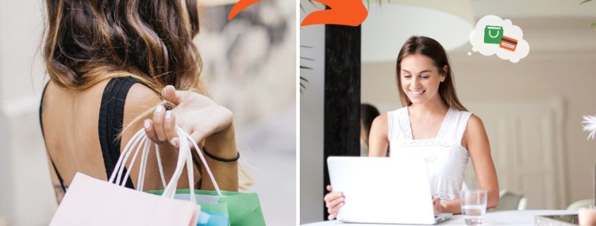 Ausgezeichnet.org erläutert das veränderte Kaufverhalten der Konsumenten und klärt über die Trends auf, auf dem Bild ist links eine Frau mit Shopping-Tüten und rechts eine Frau beim Online-Shopping zu sehen