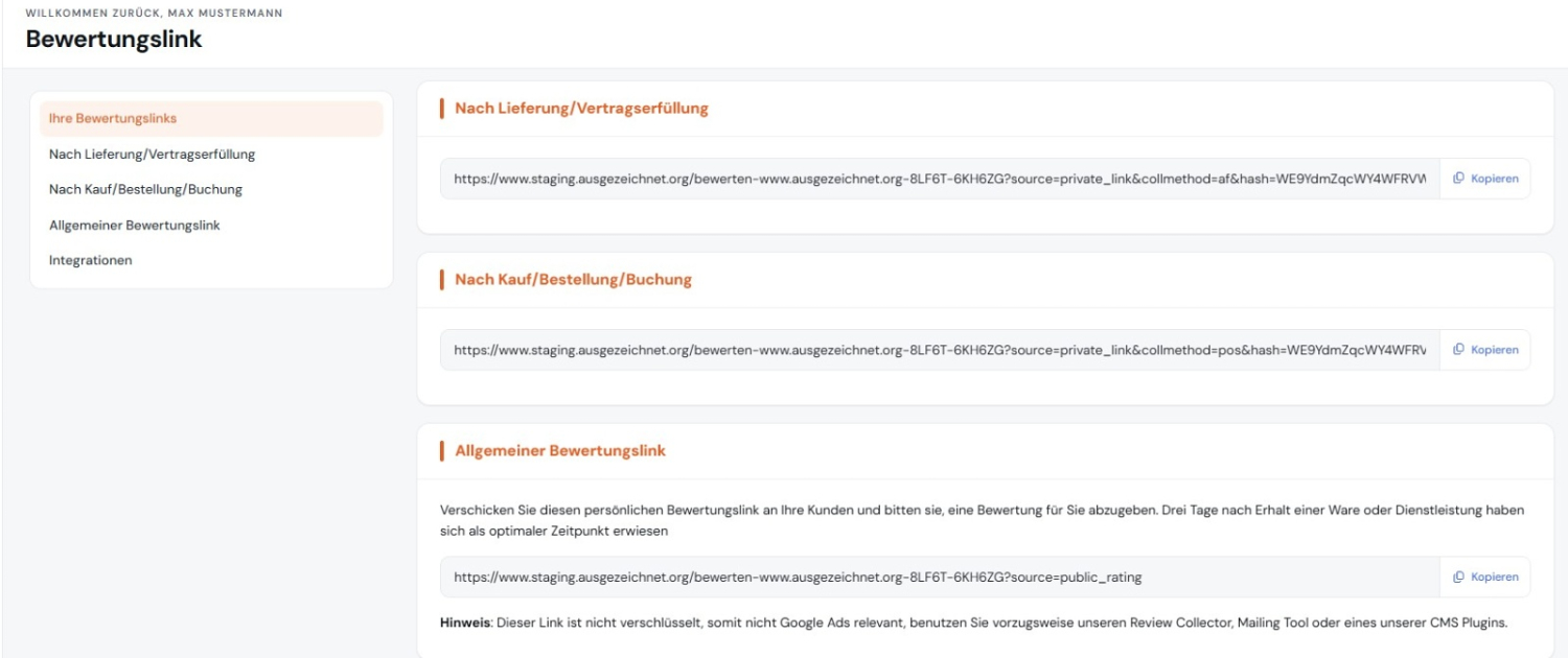 Bewertungslinks im Kundenkonto