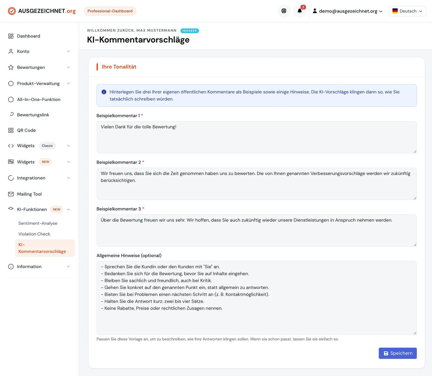 KI-Kommentarvorschläge: Admin-Seite mit Tonalität und Beispielkommentaren