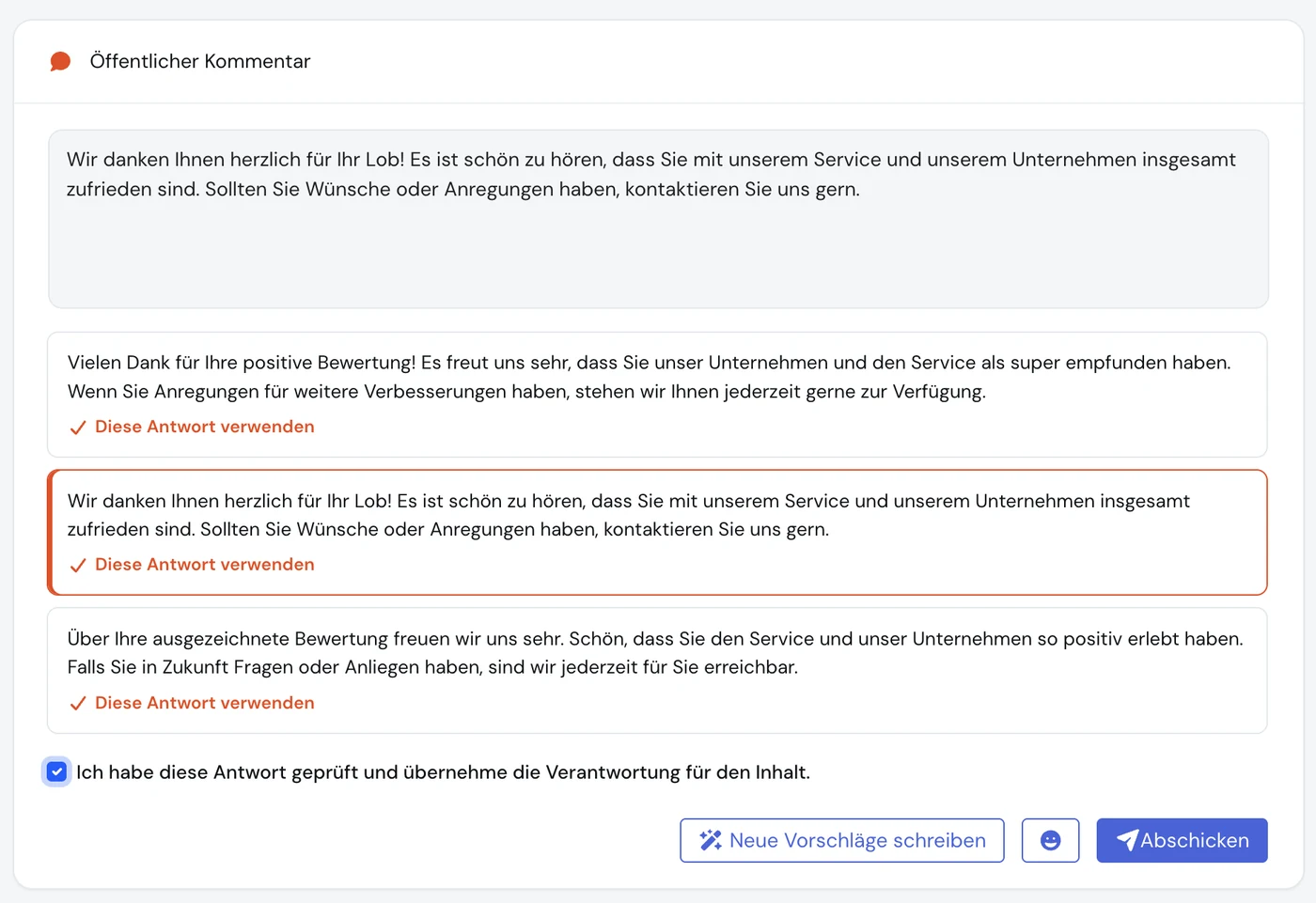 Vorschlag ausgewählt, Checkbox aktiv, Abschicken-Button bereit