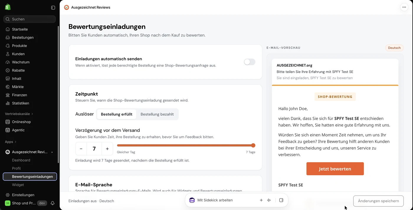 Bewertungseinladungen einrichten