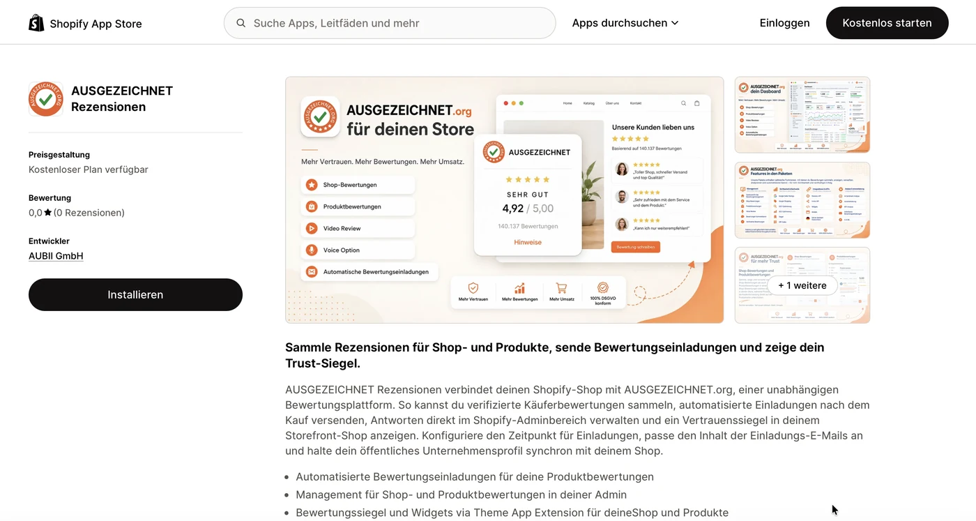 Shopify App Store – AUSGEZEICHNET Rezensionen installieren
