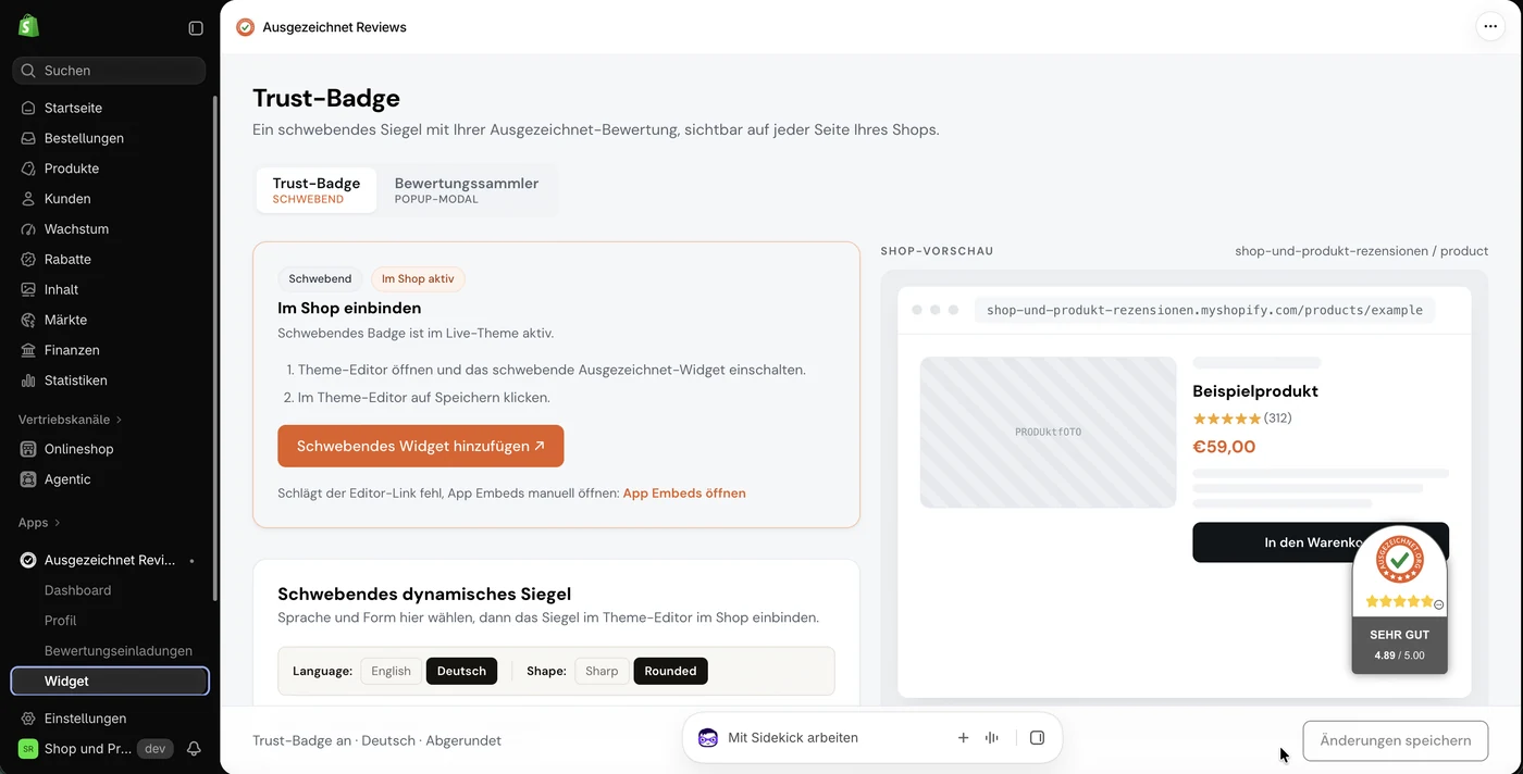 Widget-Seite: Trust-Badge im Shop einbinden