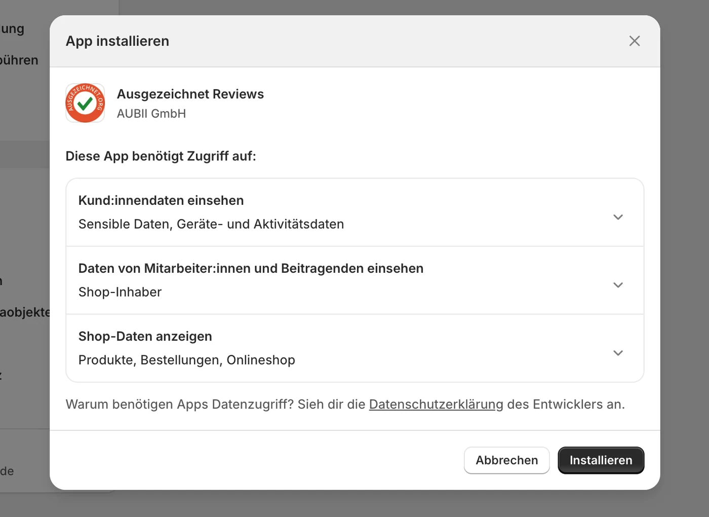 Shopify Dialog: App installieren – Datenzugriff bestätigen